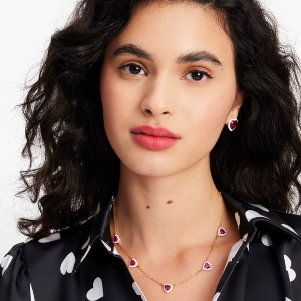 NWT New Kate Spade Sweetheart Heart Gold Station Necklace Red Pink love